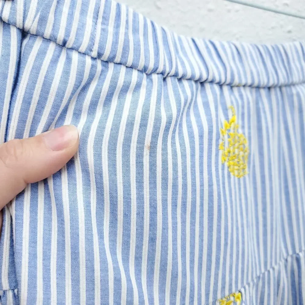 J. CREW Pinapple Embroidered Tiered Seersucker Pinstripe Lagenlook Midi Skirt - Picture 7 of 15